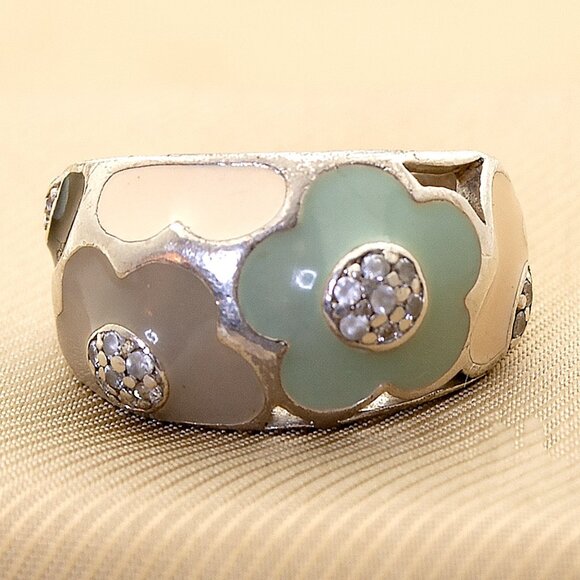 Sterling Silver Flower Ring with Enamel & CZ Stamped 925, Size 5, Floral Jewelry - Picture 3 of 9